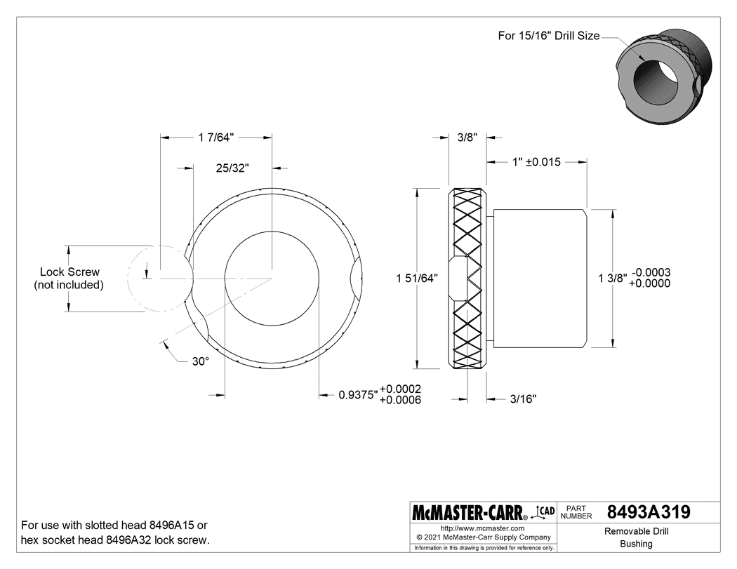 Technical Drawing of Removable Drill Bushing, 0.9375" ID, 1-3/8" OD, 1" Long.